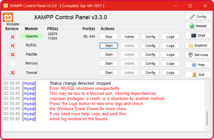 MySQL error in XAMPP